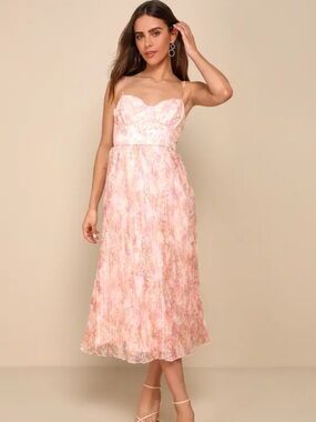 Lulu's Blush Pink Floral Pleated Midi Dress